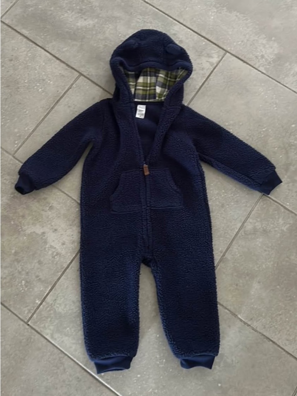 Carter's Navy Sherpa Hooded One-Piece Footie 24m bear ears